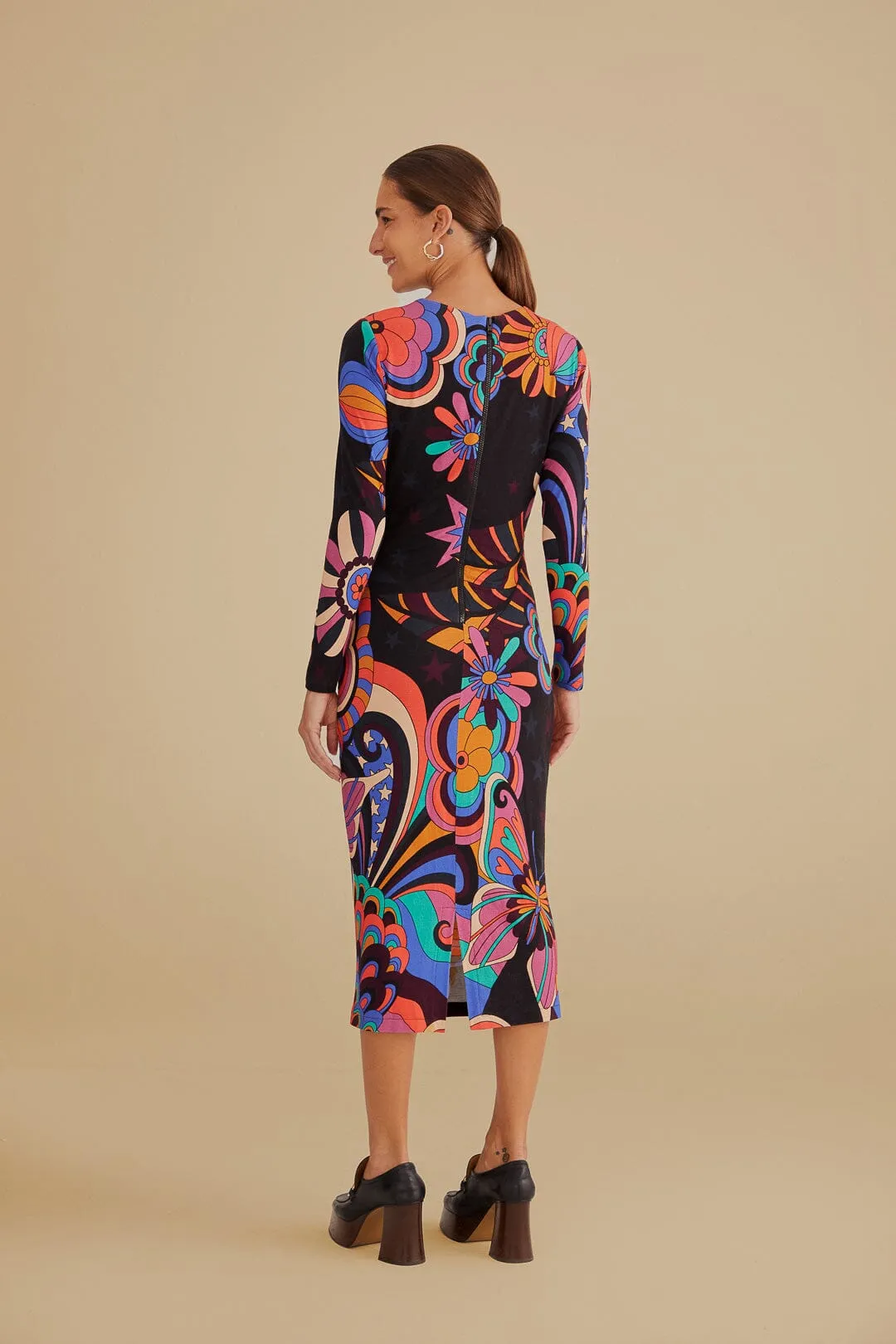 Black 70s Vibe Lenzing™ Ecovero™ Viscose Midi Dress