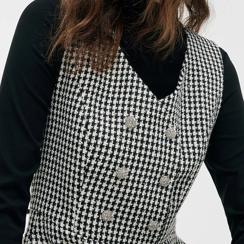 Black And White Houndstooth Vest Dress And Mock Neck Sweater Two-Piece Suit