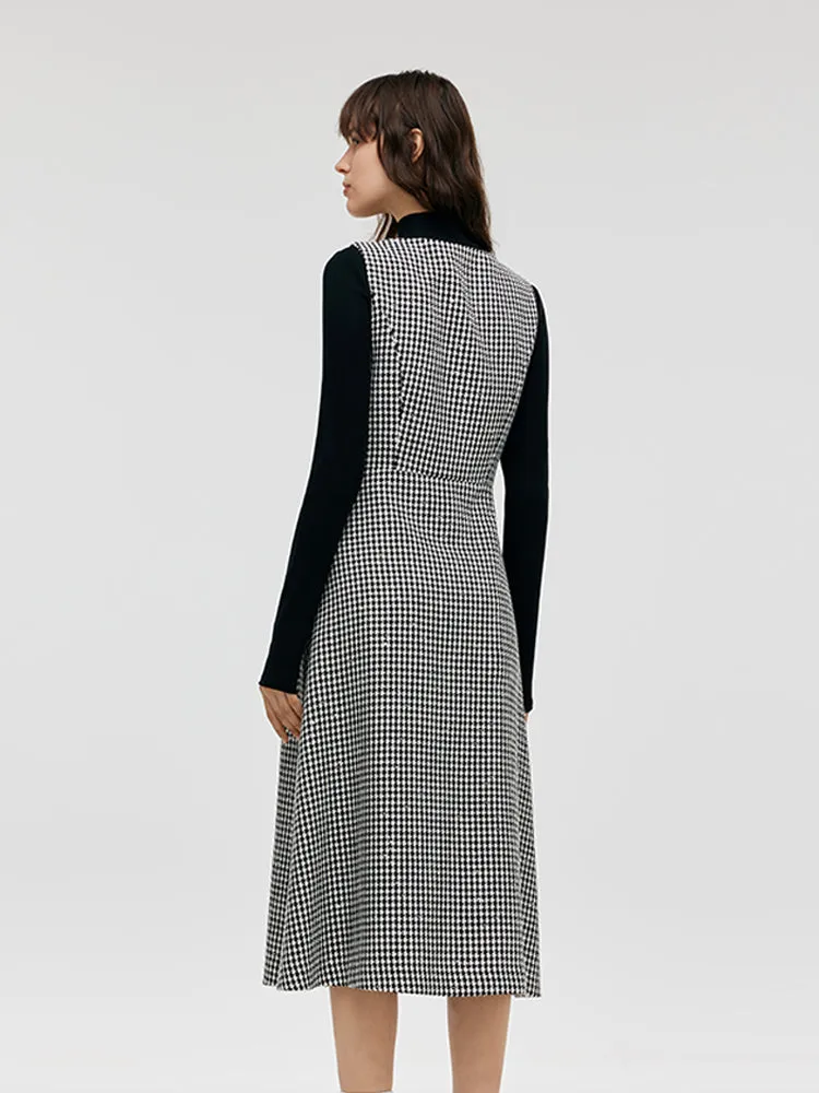 Black And White Houndstooth Vest Dress And Mock Neck Sweater Two-Piece Suit