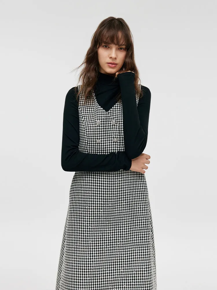 Black And White Houndstooth Vest Dress And Mock Neck Sweater Two-Piece Suit