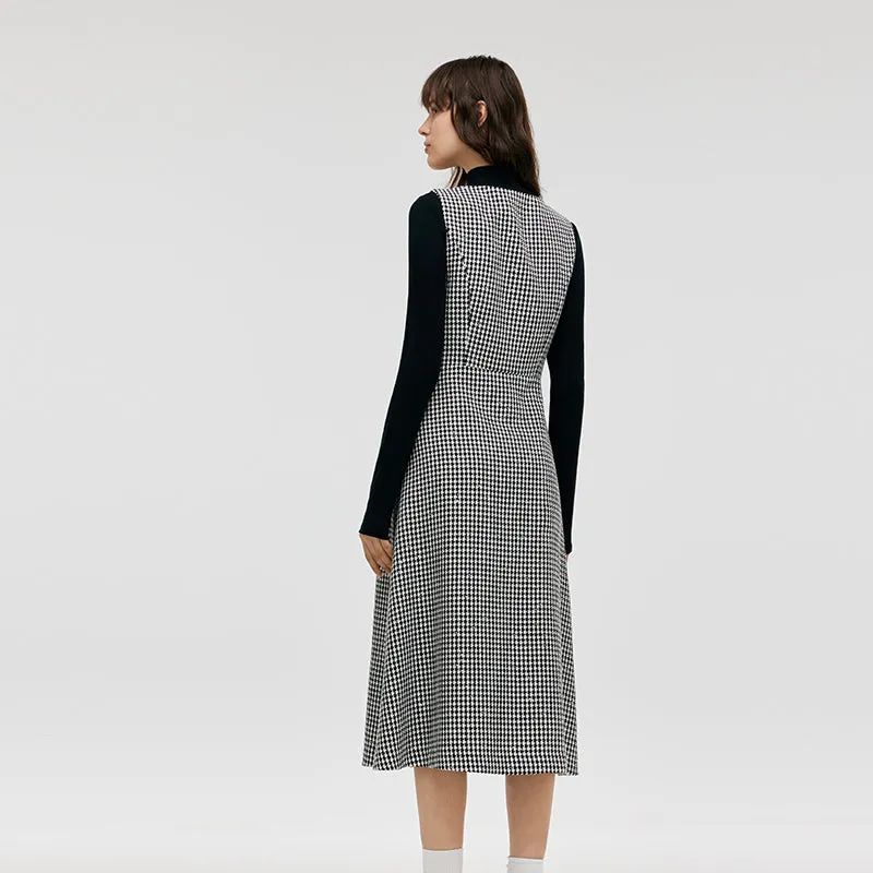 Black And White Houndstooth Vest Dress And Mock Neck Sweater Two-Piece Suit