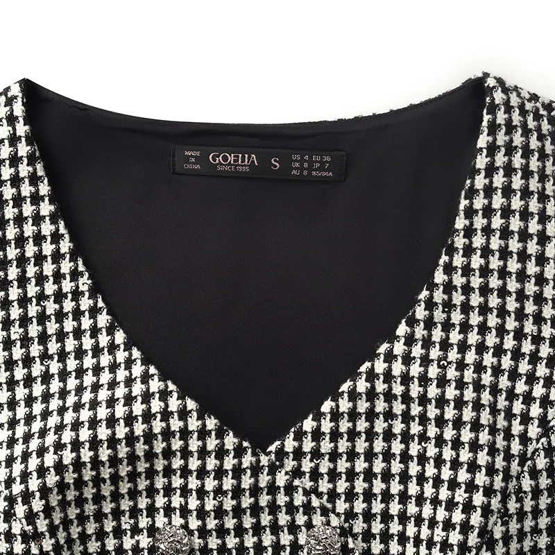 Black And White Houndstooth Vest Dress And Mock Neck Sweater Two-Piece Suit