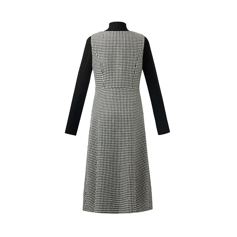 Black And White Houndstooth Vest Dress And Mock Neck Sweater Two-Piece Suit