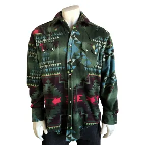 Men's Native Pattern Fleece Western Shirt in Green & Black